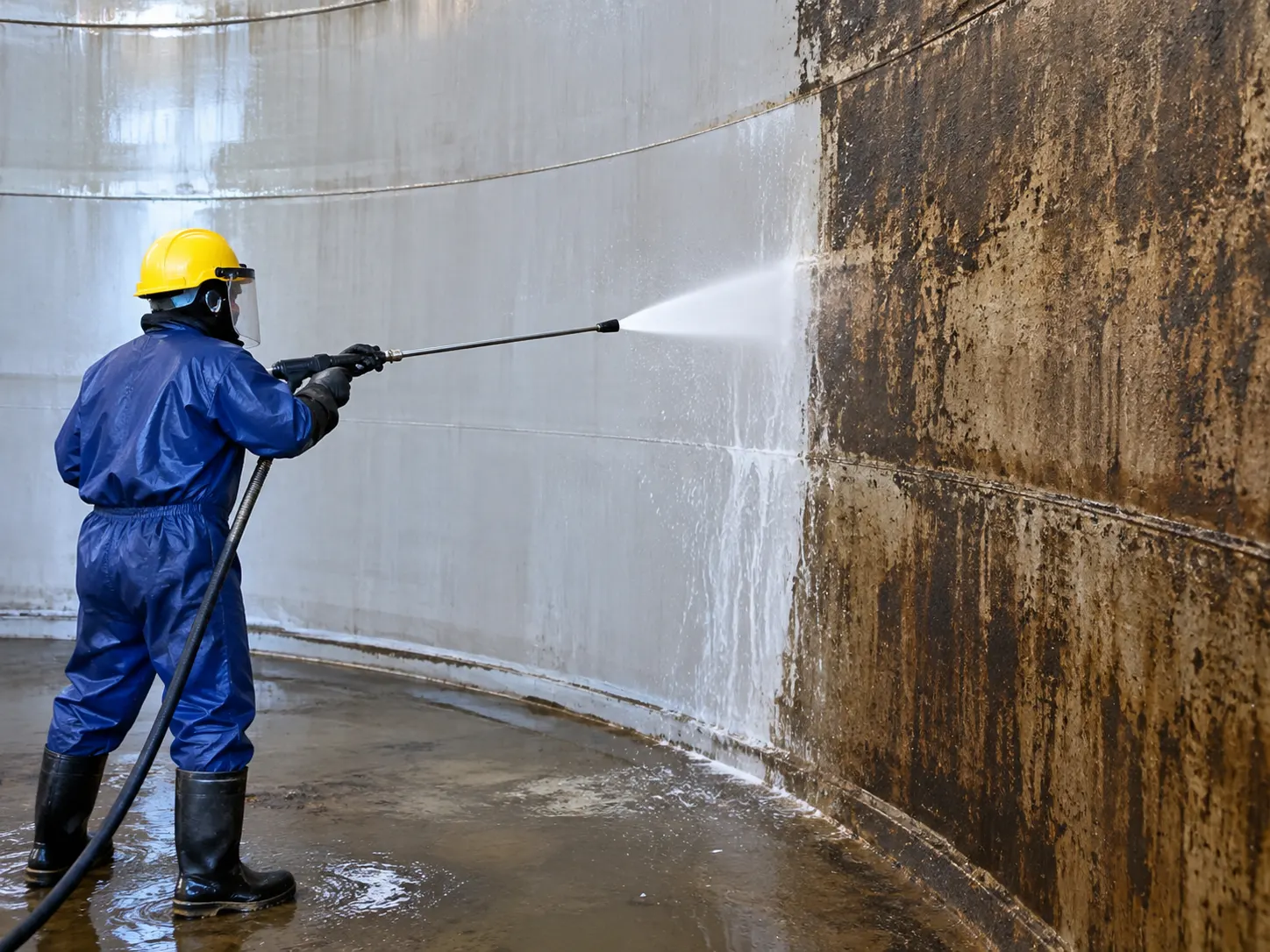 High-pressure jet washing of a water tank wall