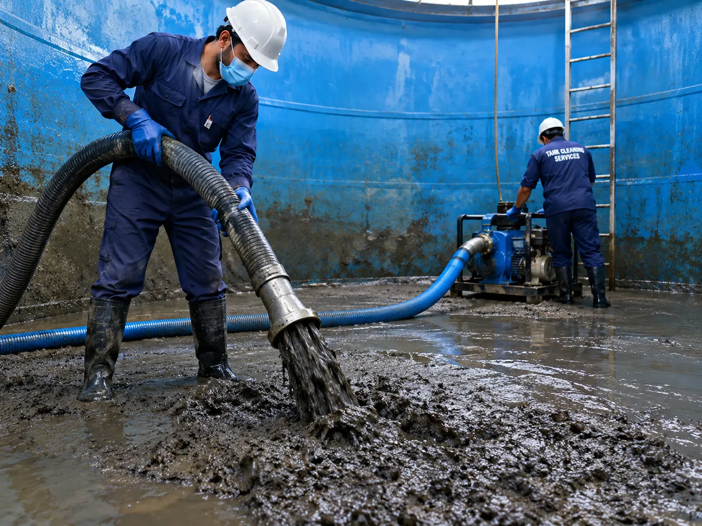 Sludge being removed from a water tank by the Karachi Tank Cleaning team