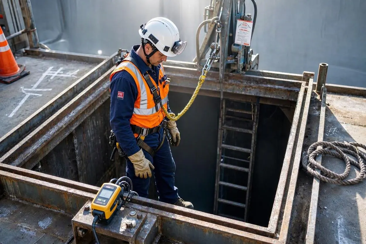 A Karachi Tank Cleaning worker in safety gear at the opening of an underground water tank